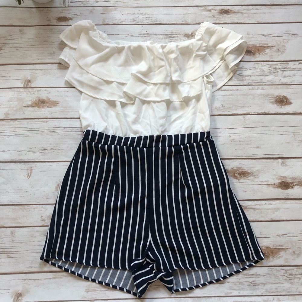 Shop17 White Ruffle Striped Romper